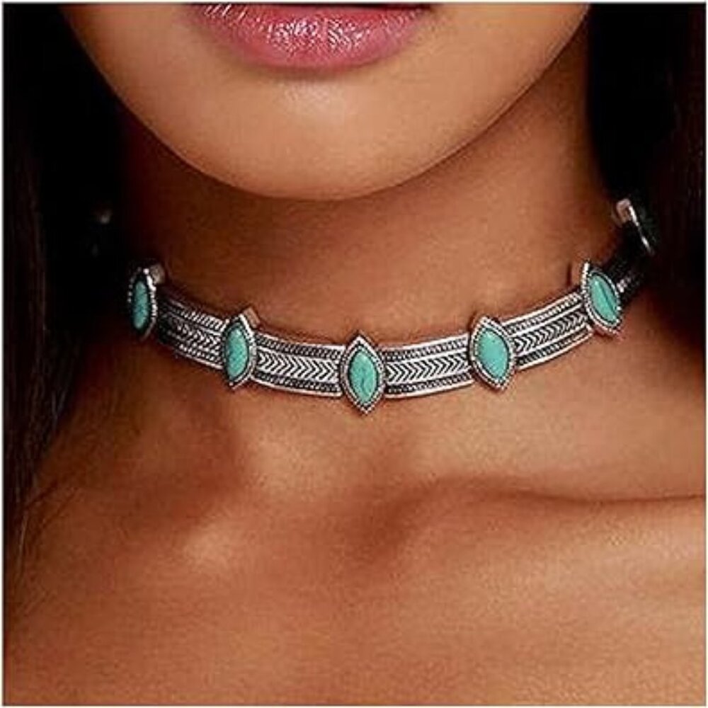 Turquoise Choker Necklace Chunky Silver Thick Collarbone Necklace